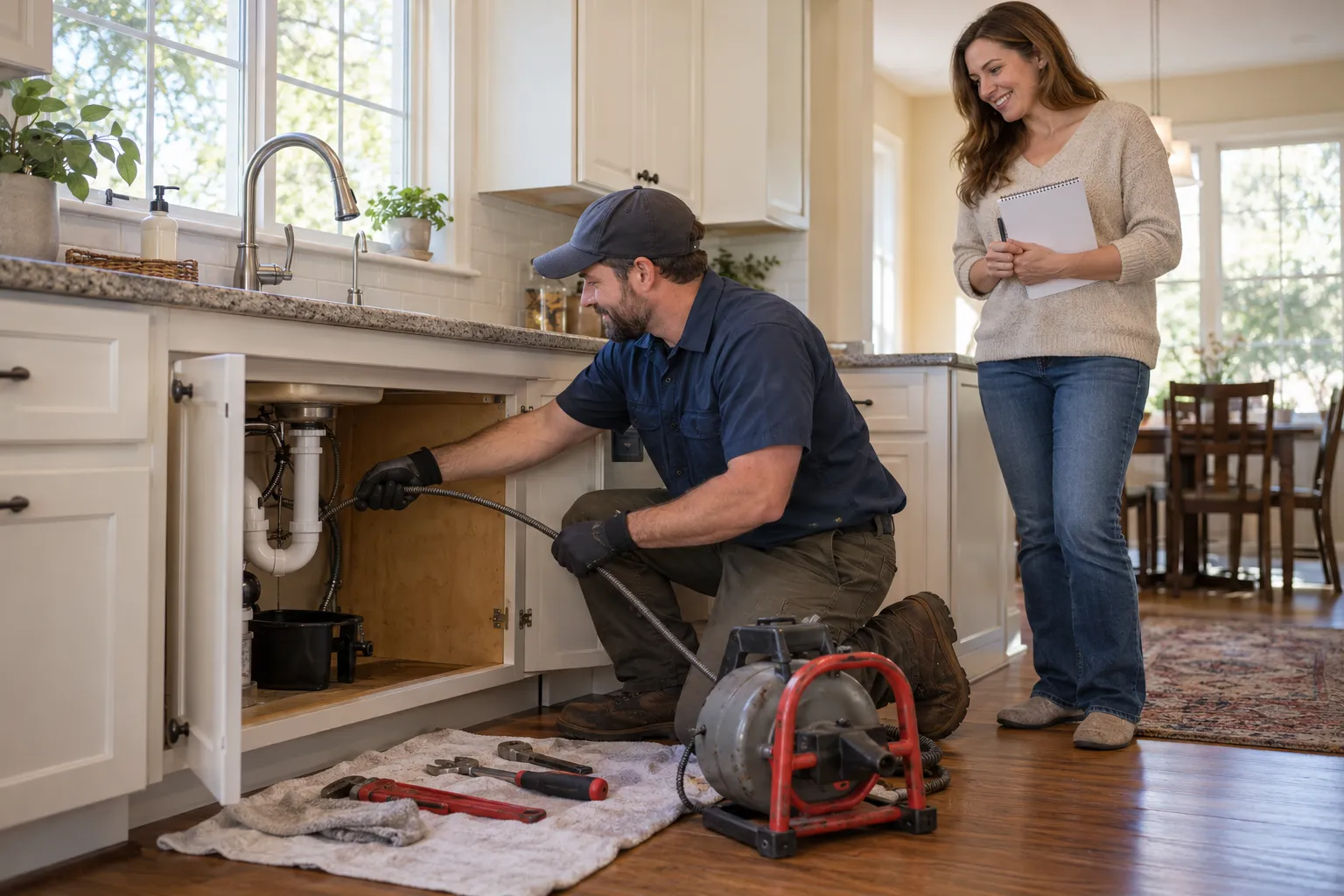 Plumber kneeling at a kitchen sink in a De Soto home, using a drain snake while a homeowner looks on