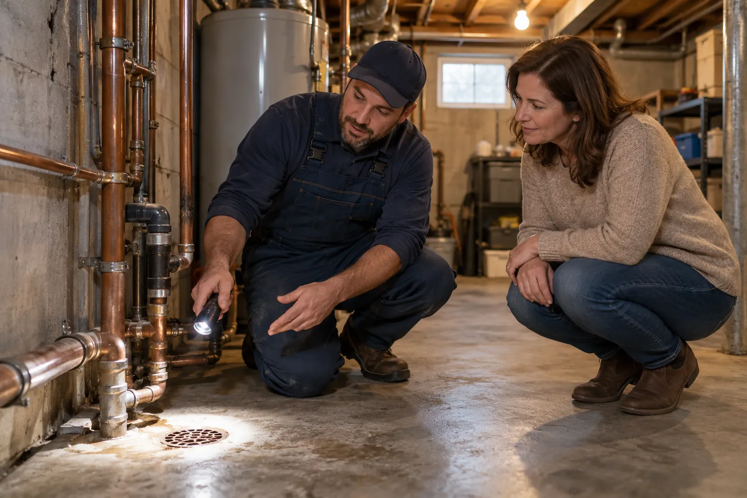 A provider checking a basement pipe near a floor drain in the De Soto area